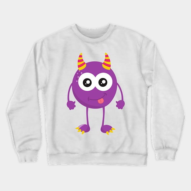 Cute Monster, Purple Monster, Funny Monster, Horns Crewneck Sweatshirt by Jelena Dunčević